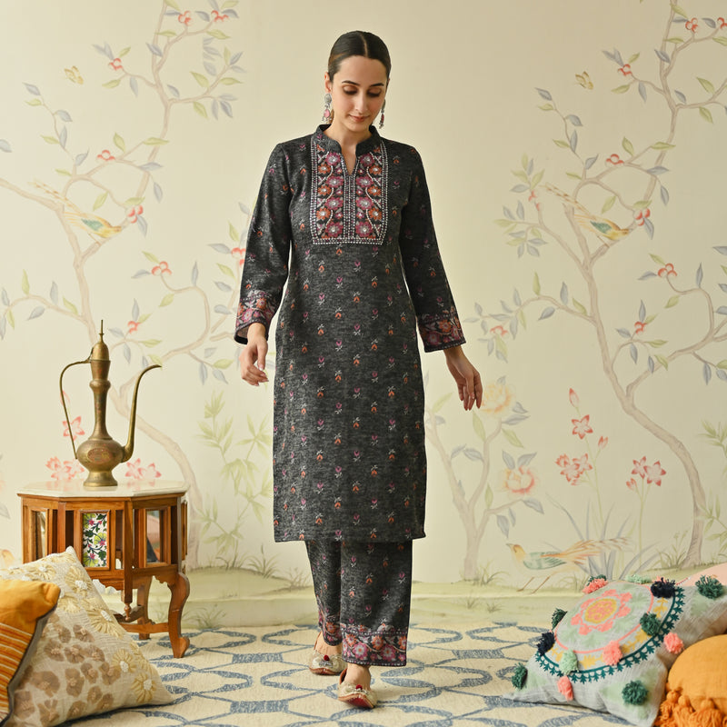 Black Embroidered & Floral Printed Woollen Kurta