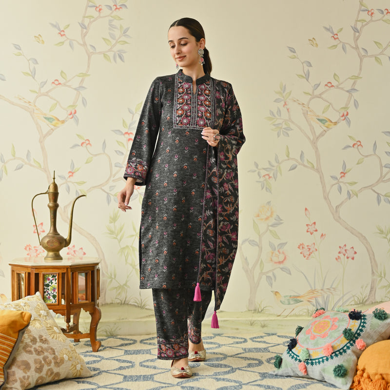 Black Embroidered & Floral Printed Woollen Kurta Pant Set with Dupatta