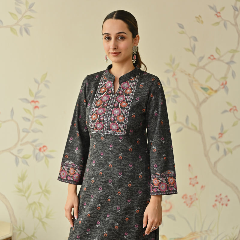 Black Embroidered & Floral Printed Woollen Kurta Pant Set with Dupatta