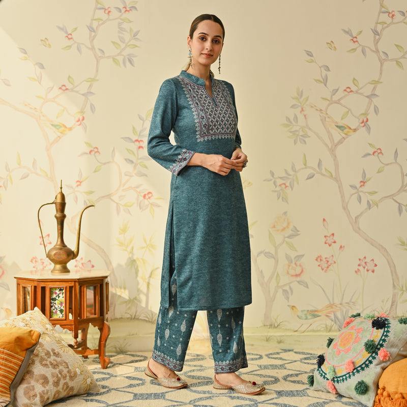 Teal Embroidered & Monotone Woollen Kurta