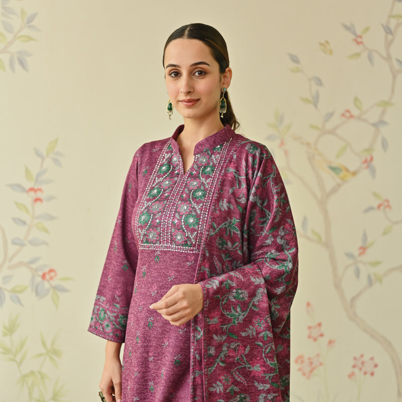 Maroon Embroidered & Floral Printed Woollen Kurta Set with Dupatta