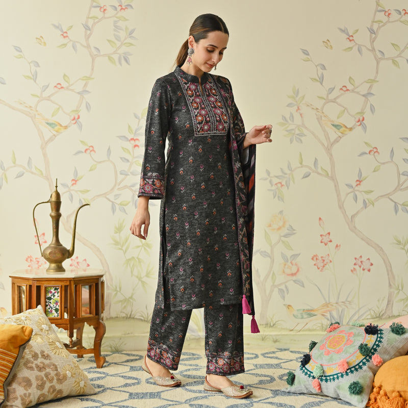 Black Embroidered & Floral Printed Woollen Kurta Pant Set with Dupatta