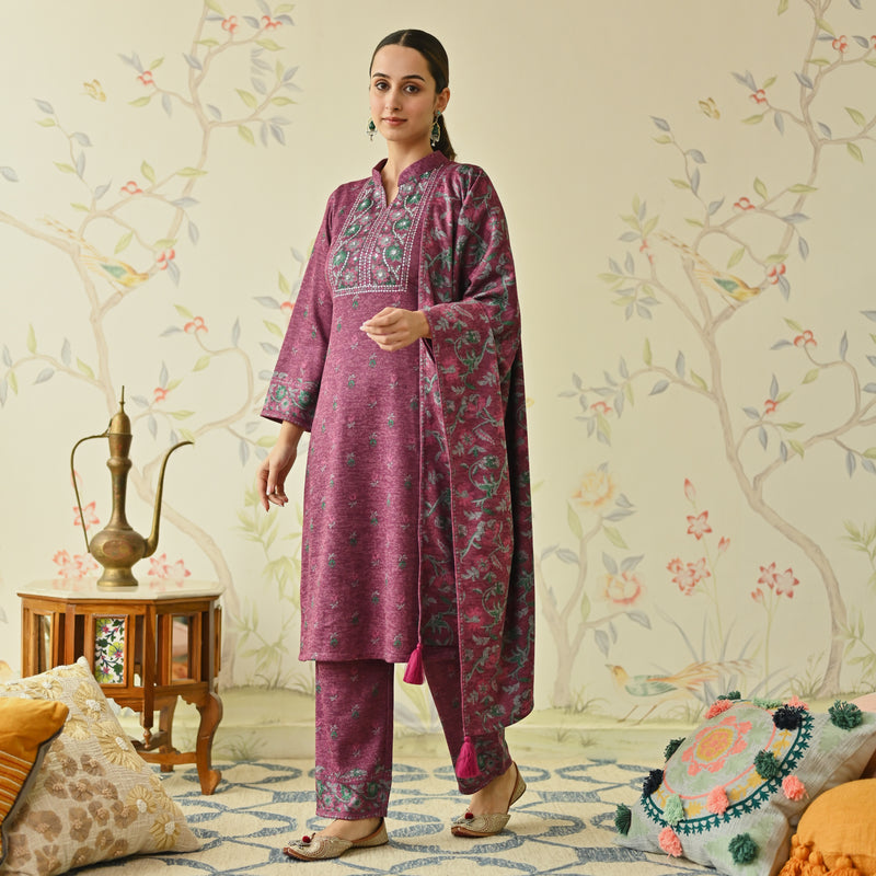 Maroon Embroidered & Floral Printed Woollen Kurta Set with Dupatta