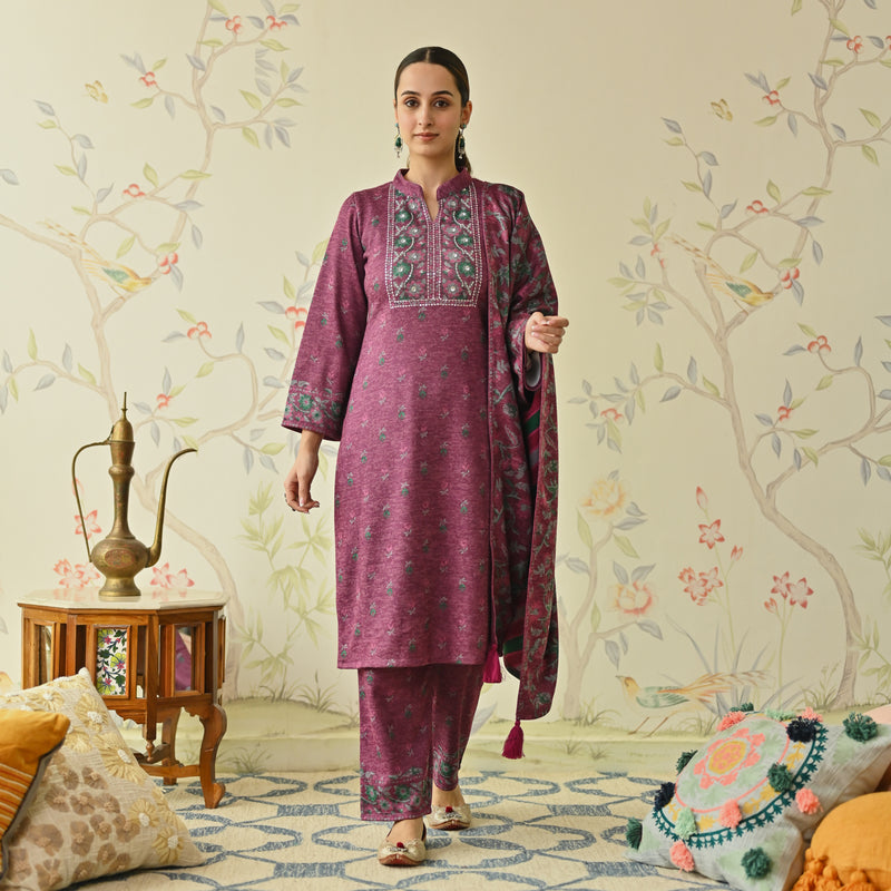 Maroon Embroidered & Floral Printed Woollen Kurta Set with Dupatta