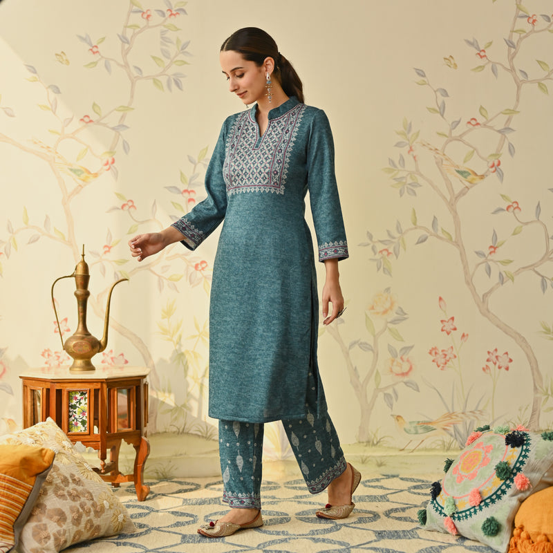 Teal Embroidered & Monotone Woollen Kurta