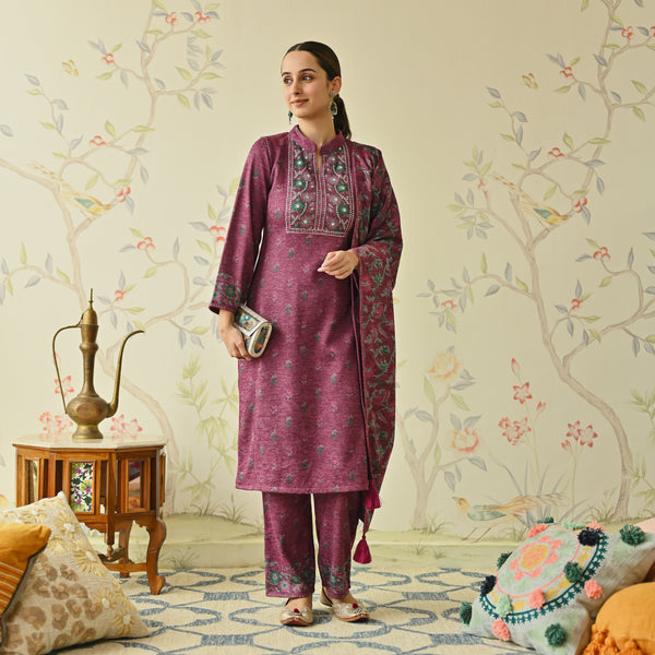 Maroon Embroidered & Floral Printed Woollen Kurta Set with Dupatta