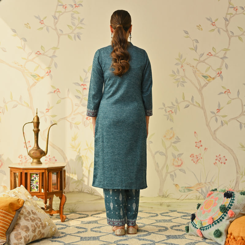 Teal Embroidered & Monotone Woollen Kurta