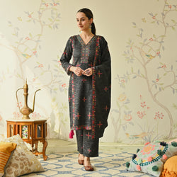 Black Embroidered & Phulkari Printed Woollen Kurta Pant Set with Dupatta