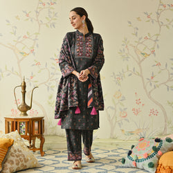 Black Embroidered & Floral Printed Woollen Kurta Pant Set with Dupatta