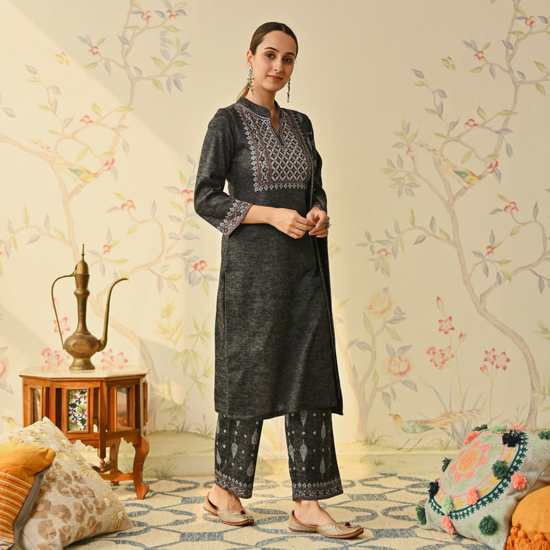 Black Embroidered & Monotone Woollen Kurta Pant Set with Dupatta