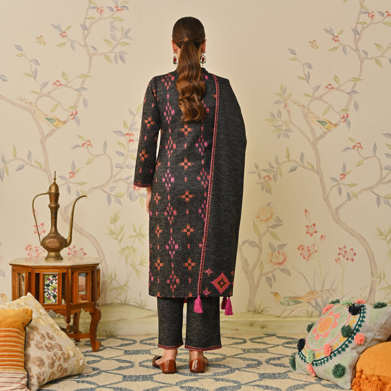 Black Embroidered & Ikat Printed Woollen Kurta Pant Set with Dupatta