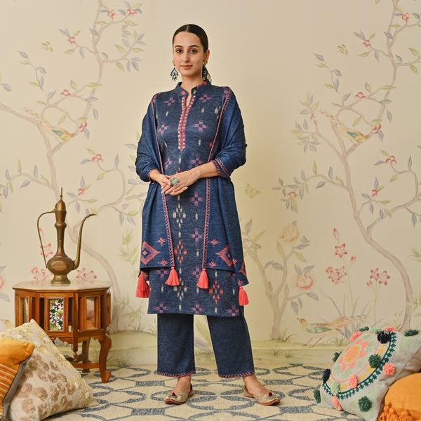 Navy Blue Embroidered & Ikat Printed Woollen Kurta Pant Set with Dupatta