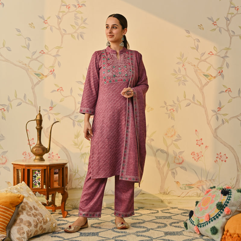 Mauve Kutch Embroidered Woollen Kurta Pant Set with Dupatta