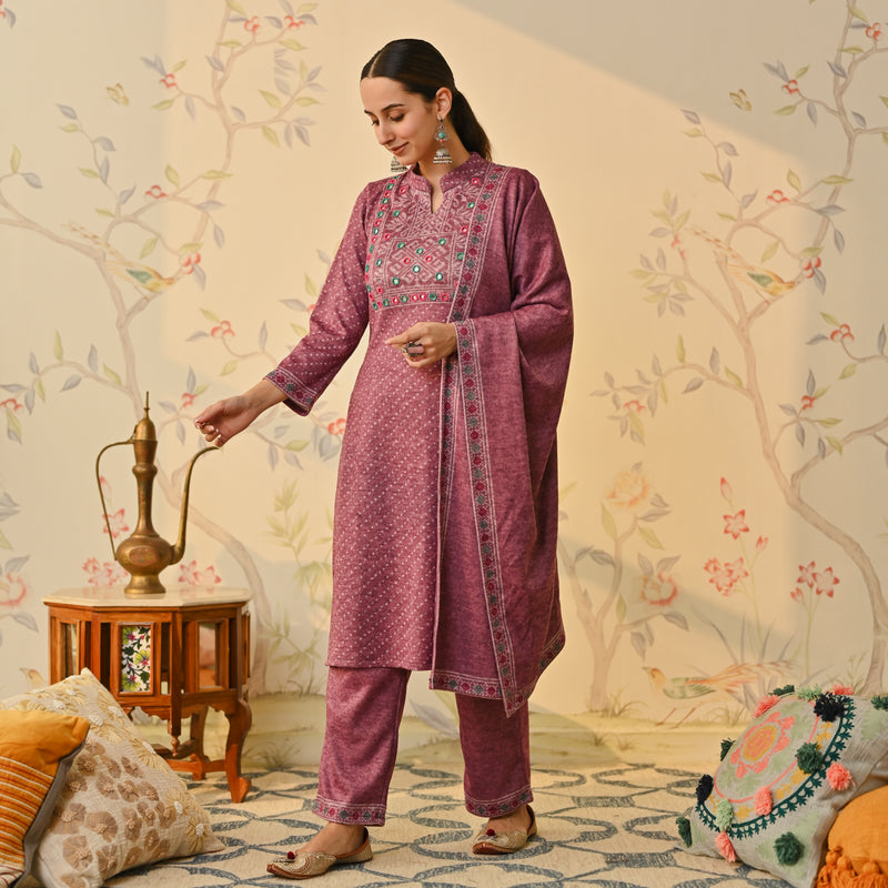 Mauve Kutch Embroidered Woollen Kurta Pant Set with Dupatta