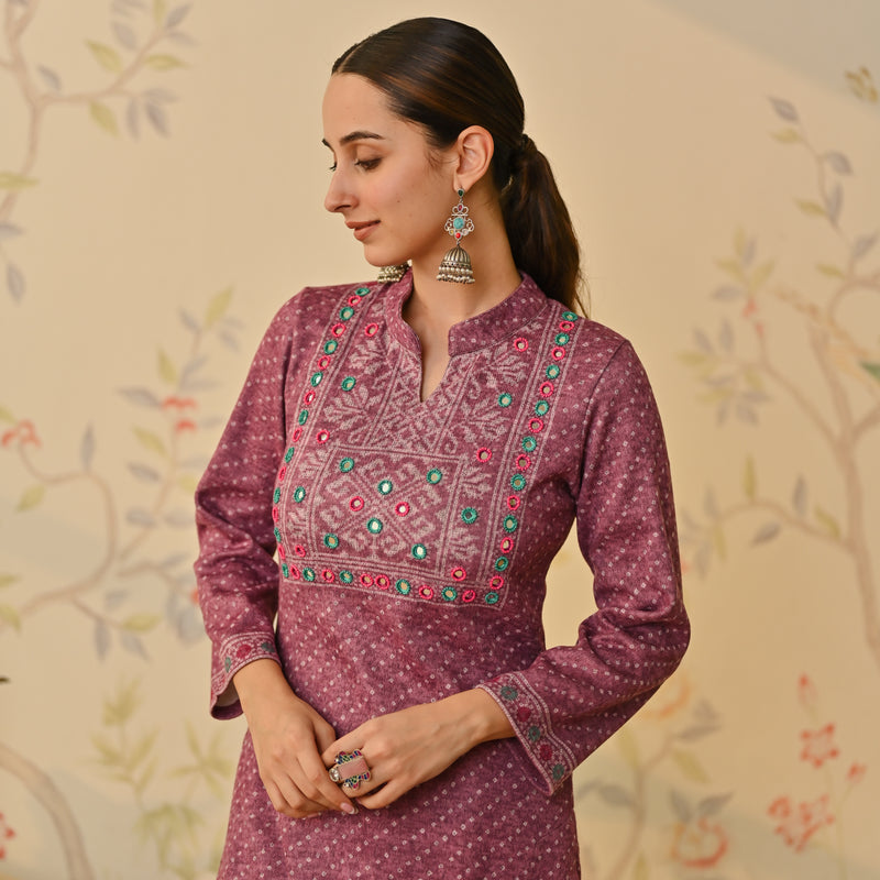 Mauve Kutch Embroidered Woollen Kurta Pant Set with Dupatta