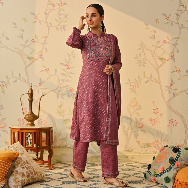 Mauve Kutch Embroidered Woollen Kurta Pant Set with Dupatta