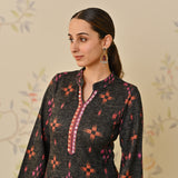 Black Embroidered & Ikat Printed Woollen Kurta Pant Set with Dupatta