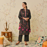 Black Embroidered & Ikat Printed Woollen Kurta Pant Set with Dupatta