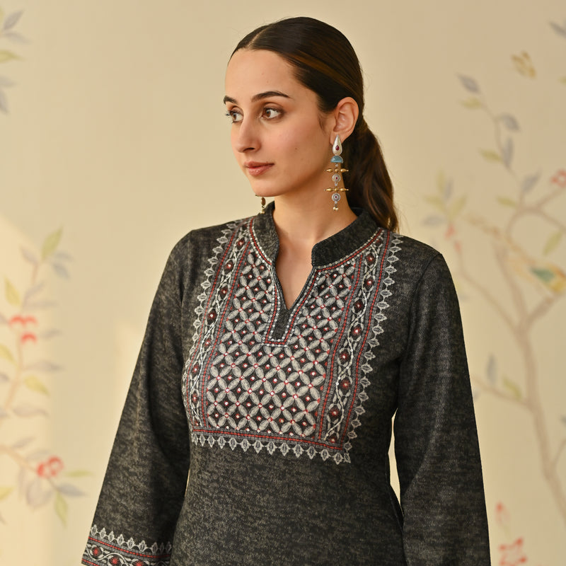 Black Embroidered & Monotone Woollen Kurta Pant Set with Dupatta