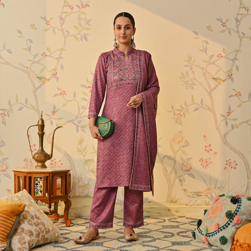 Mauve Kutch Embroidered Woollen Kurta Pant Set with Dupatta