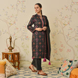 Black Embroidered & Ikat Printed Woollen Kurta Pant Set with Dupatta