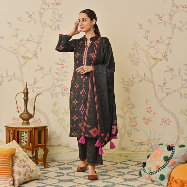 Black Embroidered & Ikat Printed Woollen Kurta Pant Set with Dupatta