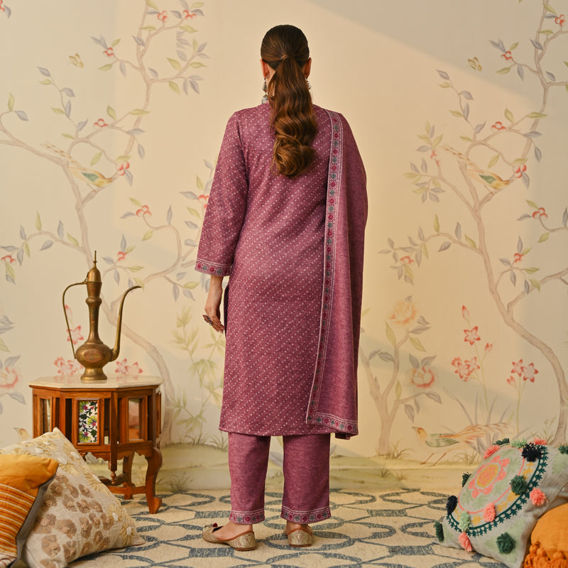 Mauve Kutch Embroidered Woollen Kurta Pant Set with Dupatta