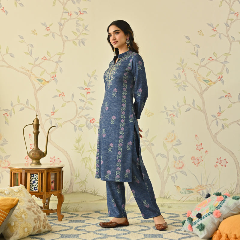 Navy Blue Embroidered Woollen Kurta Pant Set