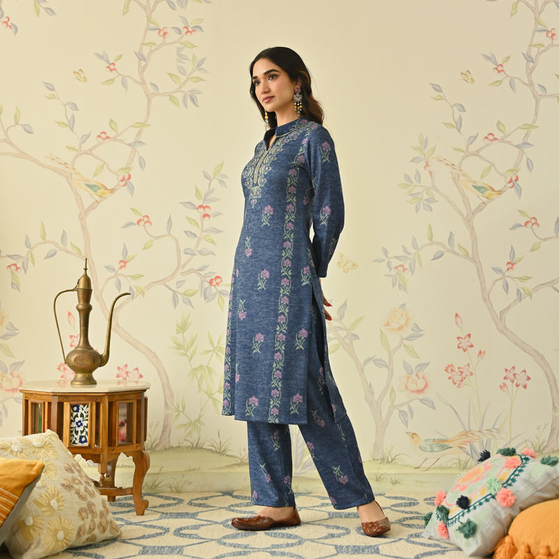 Navy Blue Embroidered Woollen Kurta