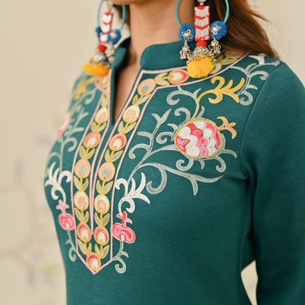 Teal Woollen Aari Embroidered Straight Kurta with Mandarin Collar
