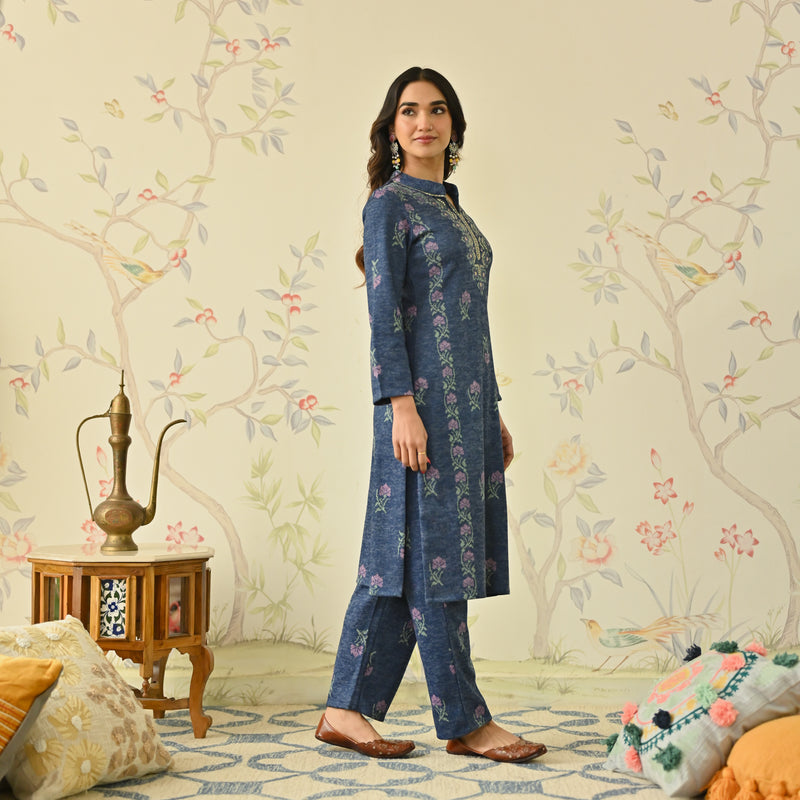 Navy Blue Embroidered Woollen Kurta