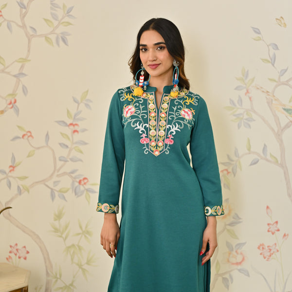 Teal Woollen Aari Embroidered Straight Kurta with Mandarin Collar