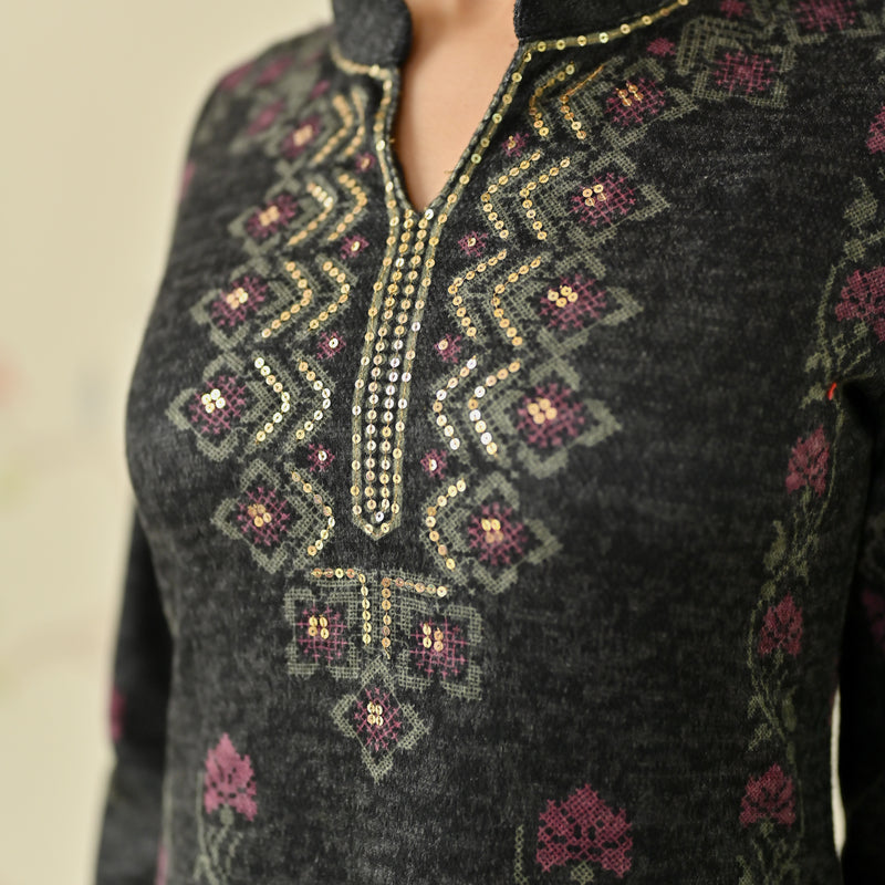 Black Embroidered Woollen Kurta