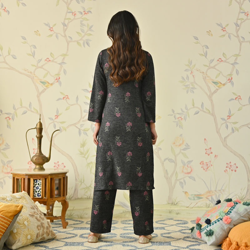 Black Embroidered Woollen Kurta