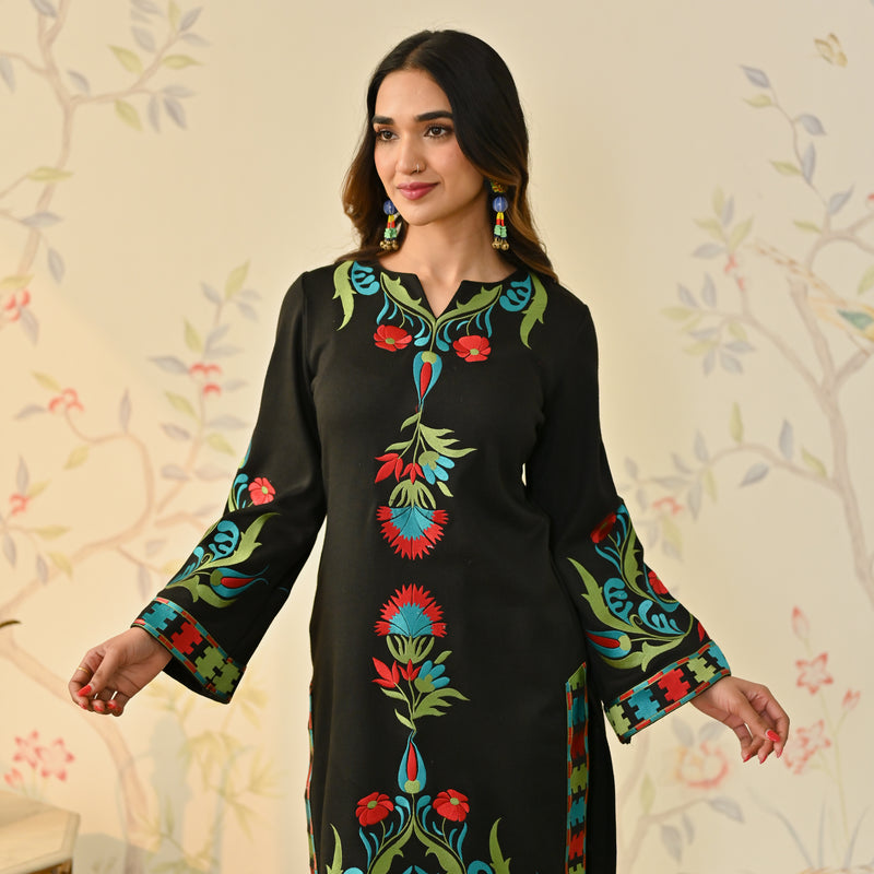 Black Woollen Aari Embroidered Kashmiri Kurta Pant Set
