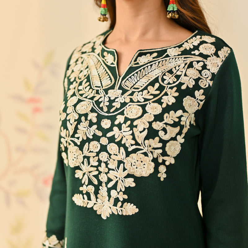 Emerald Green Woollen Embroidered Kurta Pant Set with Dupatta