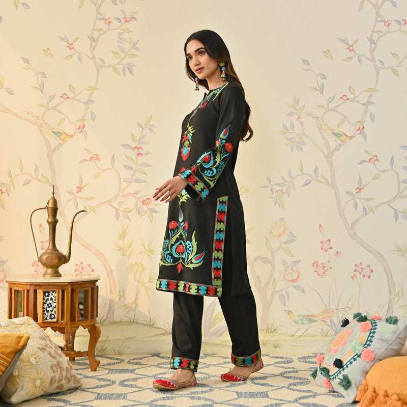 Black Woollen Aari Embroidered Kashmiri Kurta Pant Set