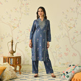 Navy Blue Embroidered Woollen Kurta Pant Set