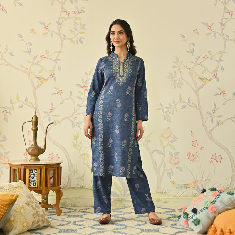 Navy Blue Embroidered Woollen Kurta Pant Set