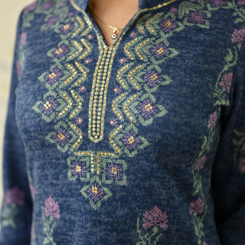 Navy Blue Embroidered Woollen Kurta