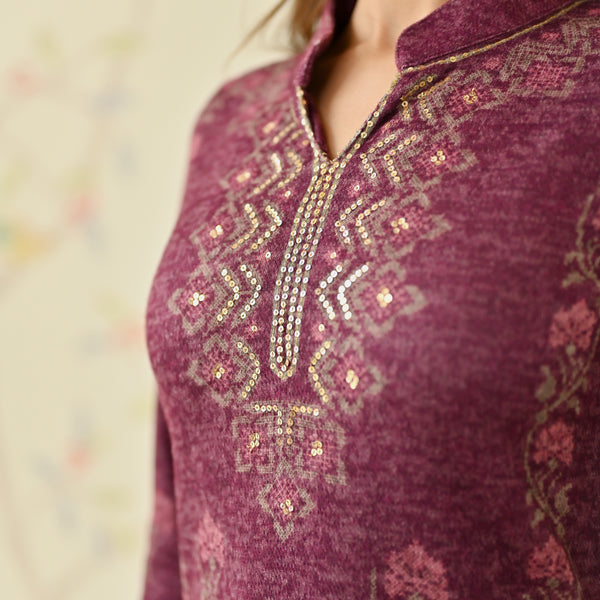 Dusty Pink Embroidered Woollen Kurta