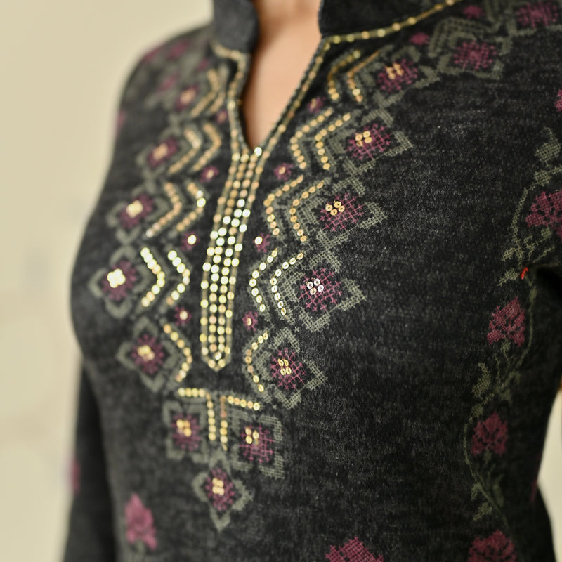 Black Embroidered Woollen Kurta