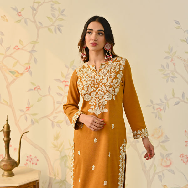 Mustard Woollen Embroidered Kurta