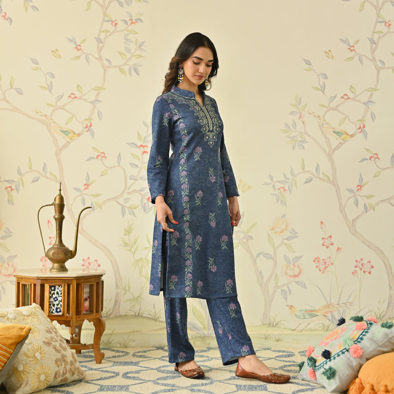 Navy Blue Embroidered Woollen Kurta Pant Set