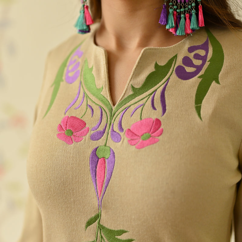 Beige Woollen Aari Embroidered Kashmiri Kurta Pant Set