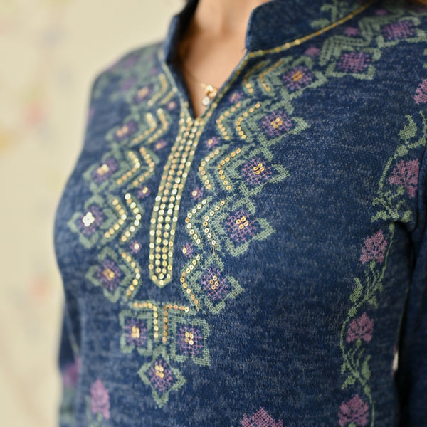 Navy Blue Embroidered Woollen Kurta Pant Set