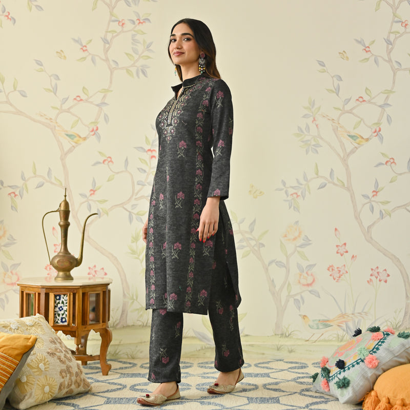 Black Embroidered Woollen Kurta