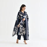 Navy Blue Floral Printed Cotton Kurta Pant Dupatta Set with Embroidered Neckline