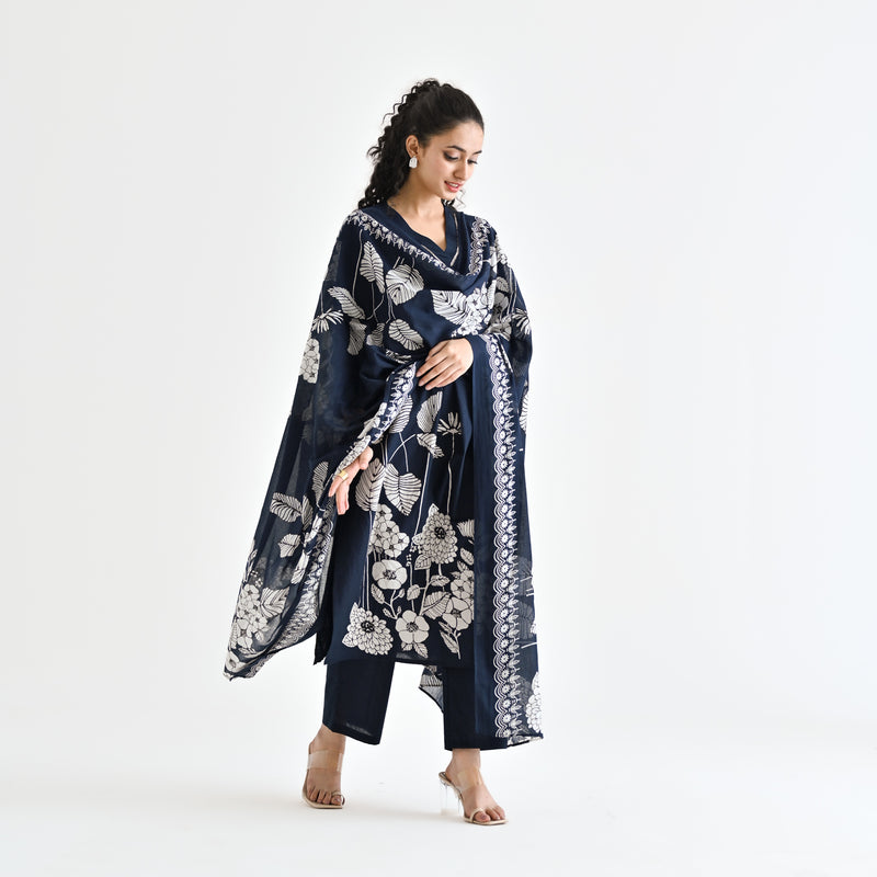 Navy Blue Floral Printed Cotton Kurta Pant Dupatta Set with Embroidered Neckline