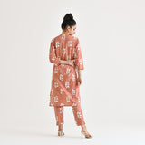 Brown Buta Printed Cotton Co-ord Set with Embroidered Neckline Detail